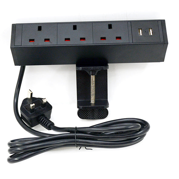 Desktop mounted triple socket with twin USB-A Black SSA1620