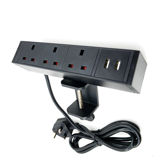 Desktop mounted triple socket with twin USB-A Black SSA1620