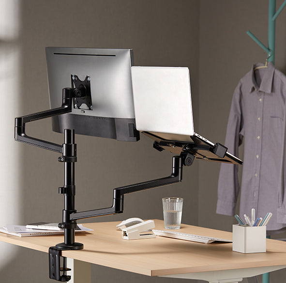 Static pole mounted articulated monitor arm with laptop tray SMMA1065 Black