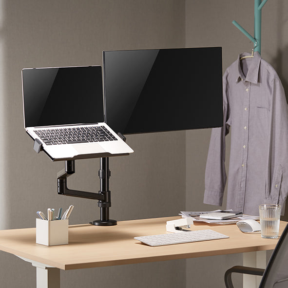 Static pole mounted articulated monitor arm with laptop tray SMMA1065 Black