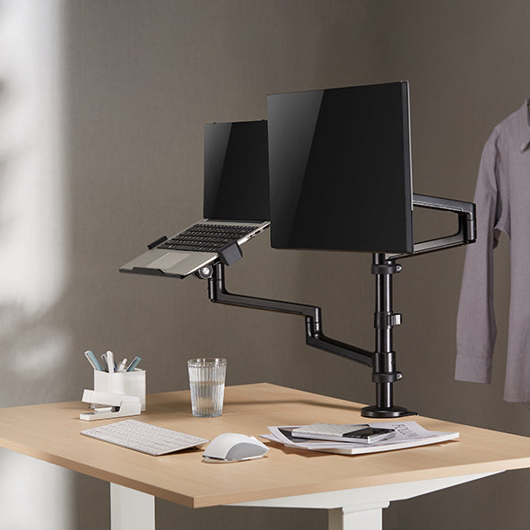 Static pole mounted articulated monitor arm with laptop tray SMMA1065 Black