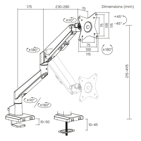 Quick assembly gas sprung monitor arm 9Kg Capacity SMMA1052 Silver with optional Laptop Docking Station