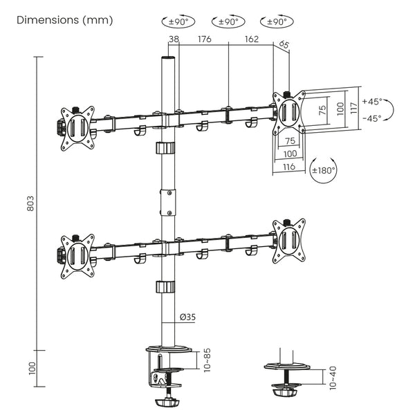 Static pole mounted articulated quad monitor arm 8Kg Capacity SMMA1061 Black