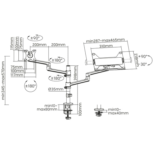 Static pole mounted articulated monitor arm with laptop tray SMMA1065 Black