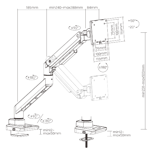 Heavy Duty quick assembly premium single gas sprung monitor arm 20Kg capacity for curved screens SMMA1072 Polished Aluminium