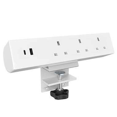 Desk clamp on mounted triple power socket with USB-A and USB-C White SSA1520