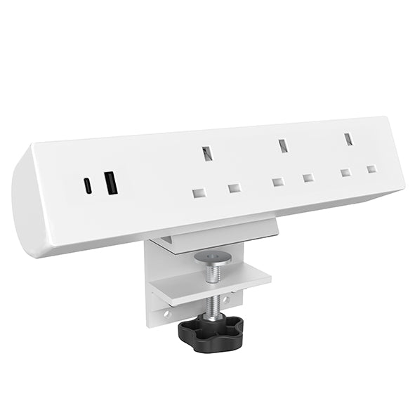 Desk clamp on mounted triple power socket with USB-A and USB-C White SSA1520